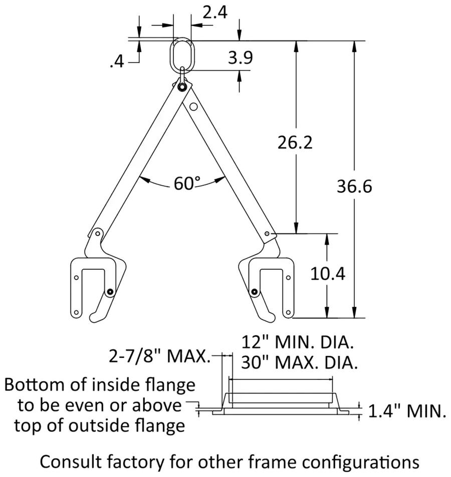 Dimensioned drawing of the two-leg MCL-1/2: legs at 60 degrees, 36.6 in overall, and a flange range of 12 to 30 in diameter