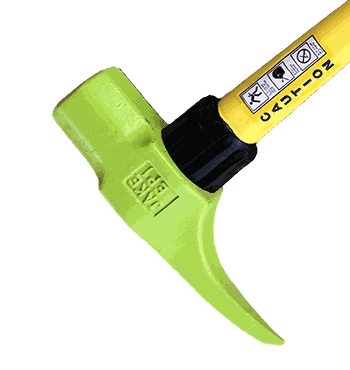 Close view of the Jake head: a flat sledgehammer face on one side and a smooth curved pick on the other