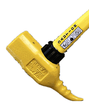 Close view of the Mary A head: a flat sledgehammer face on one side and a curved pick with a serrated underside on the other